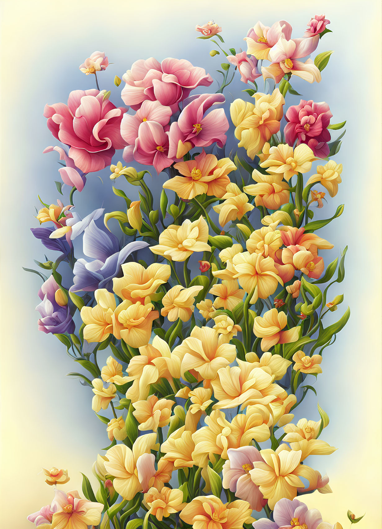 Colorful Bouquet Illustration with Pink, Purple, and Yellow Flowers