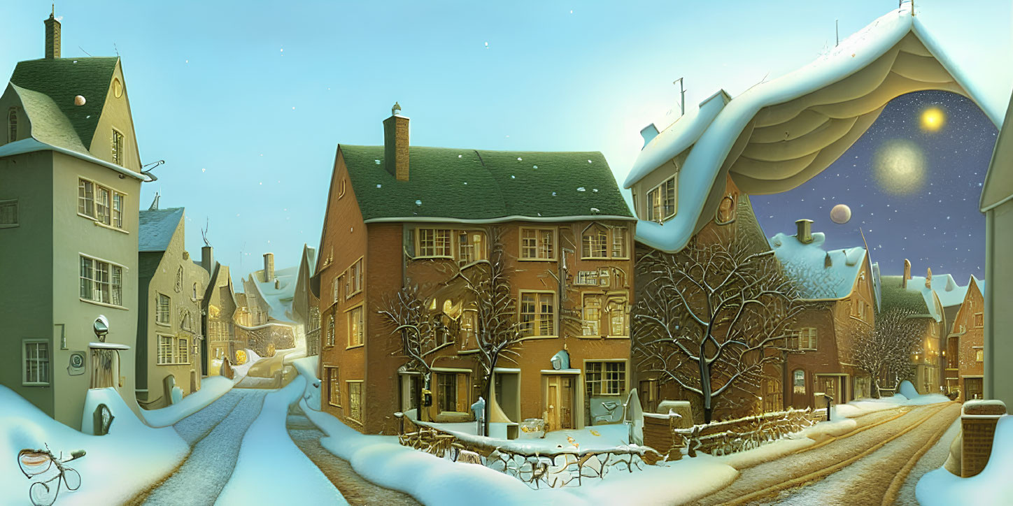 Snow-covered street with quaint houses, leafless trees, glowing lanterns, and surreal moon.