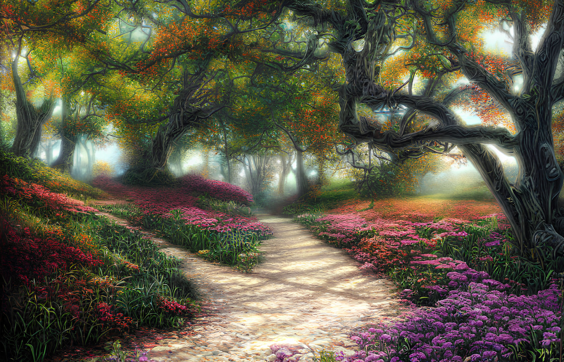 Mystical forest pathway with vibrant flowers and foggy glow