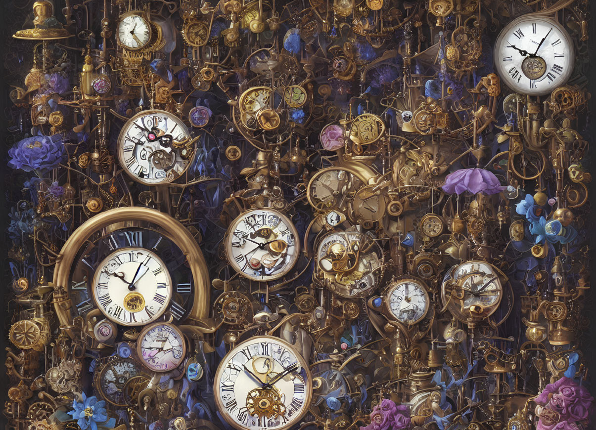 Vintage Clocks and Watch Mechanisms with Blue Flowers on Dark Background