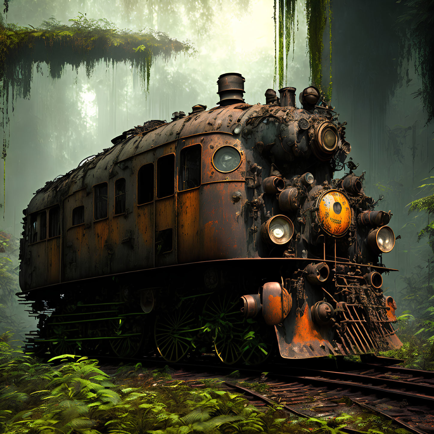 Abandoned steam locomotive in misty forest with overgrown tracks