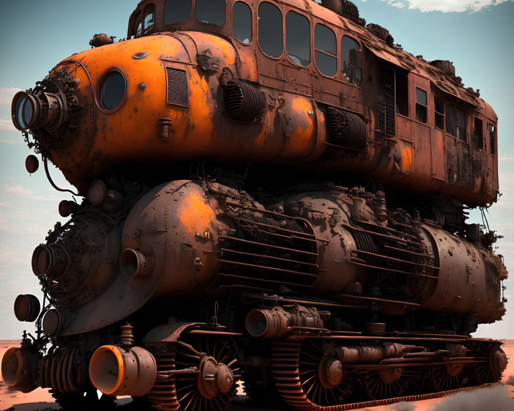 Abandoned orange locomotive on sandy terrain under blue sky