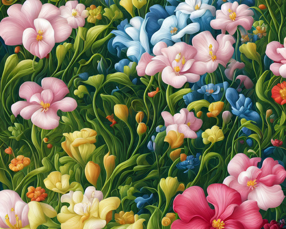 Colorful Floral Pattern with Pink, Yellow, Blue, and Red Flowers