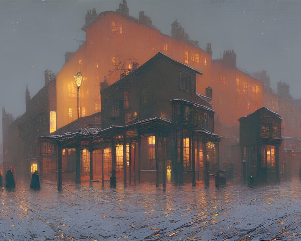 Snow-covered streets and vintage buildings in serene twilight scene.