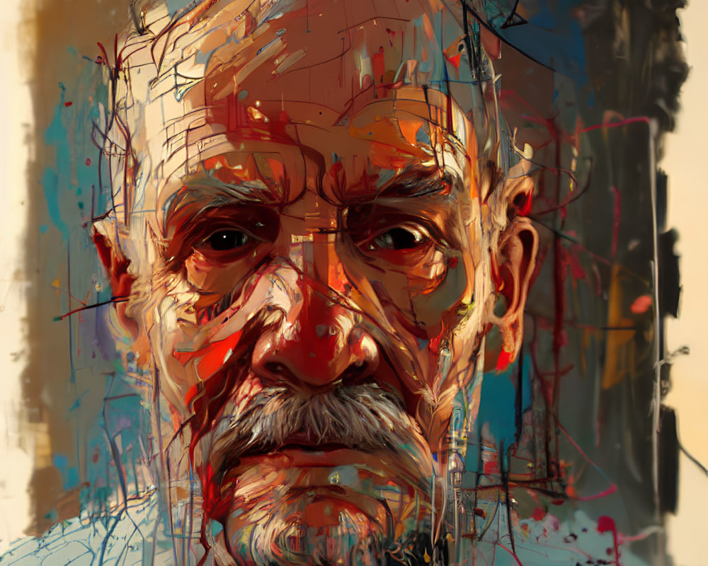 Colorful abstract portrait of an elderly man with expressive eyes and beard