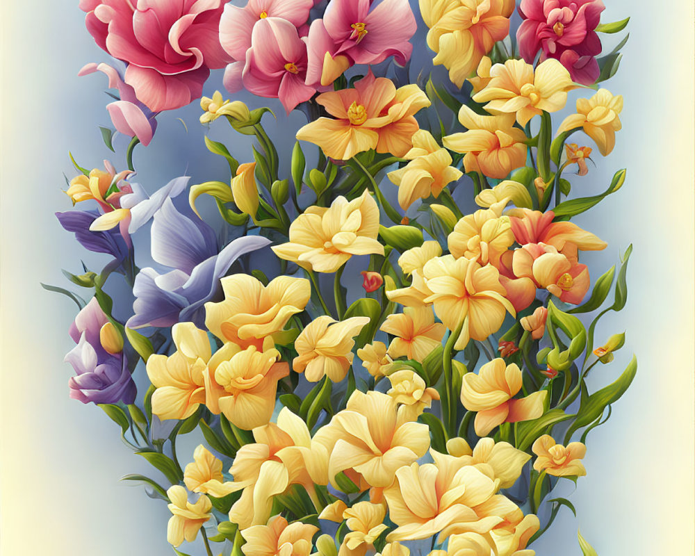 Colorful Bouquet Illustration with Pink, Purple, and Yellow Flowers