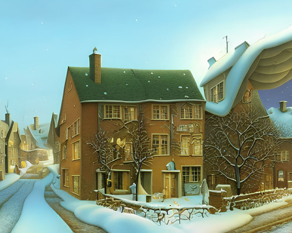 Snow-covered street with quaint houses, leafless trees, glowing lanterns, and surreal moon.