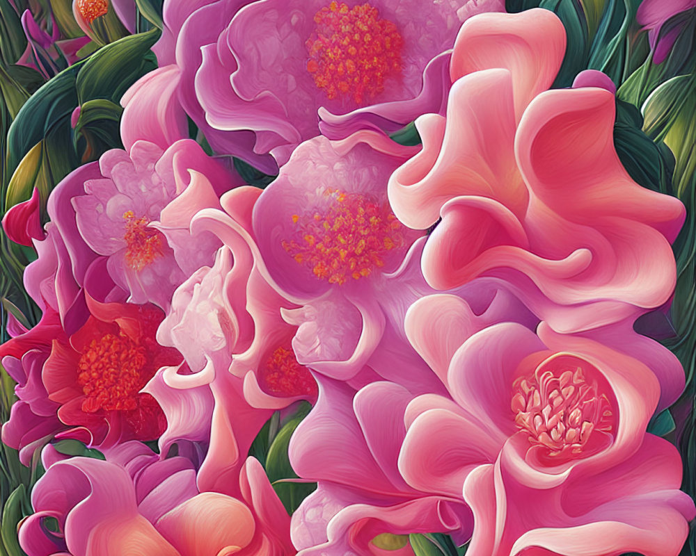 Colorful floral artwork with intricate pink petals and green foliage