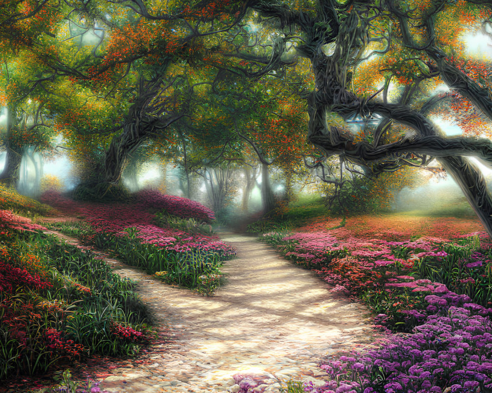 Mystical forest pathway with vibrant flowers and foggy glow