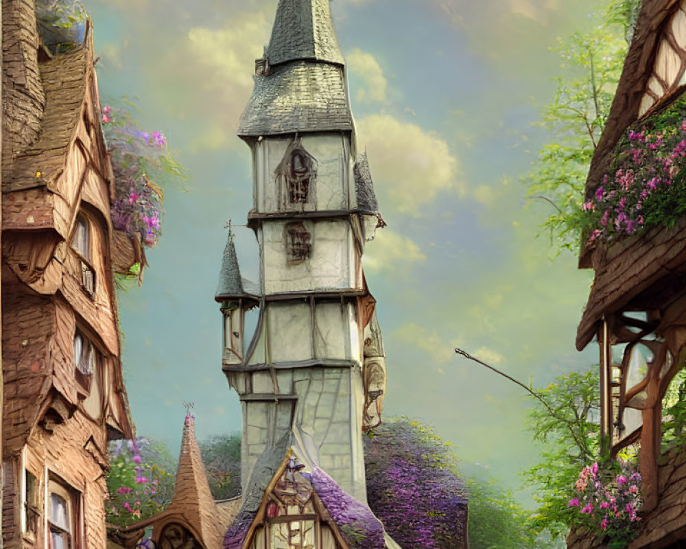 Fantasy village with pointed tower, quaint houses, and sunset sky