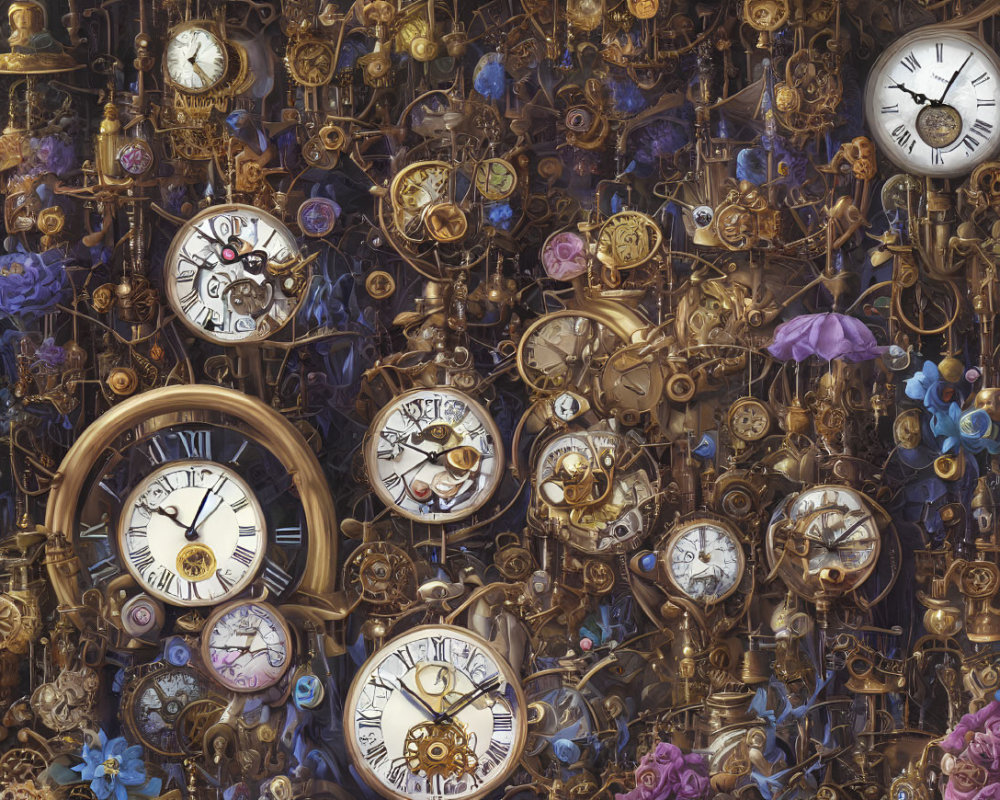 Vintage Clocks and Watch Mechanisms with Blue Flowers on Dark Background