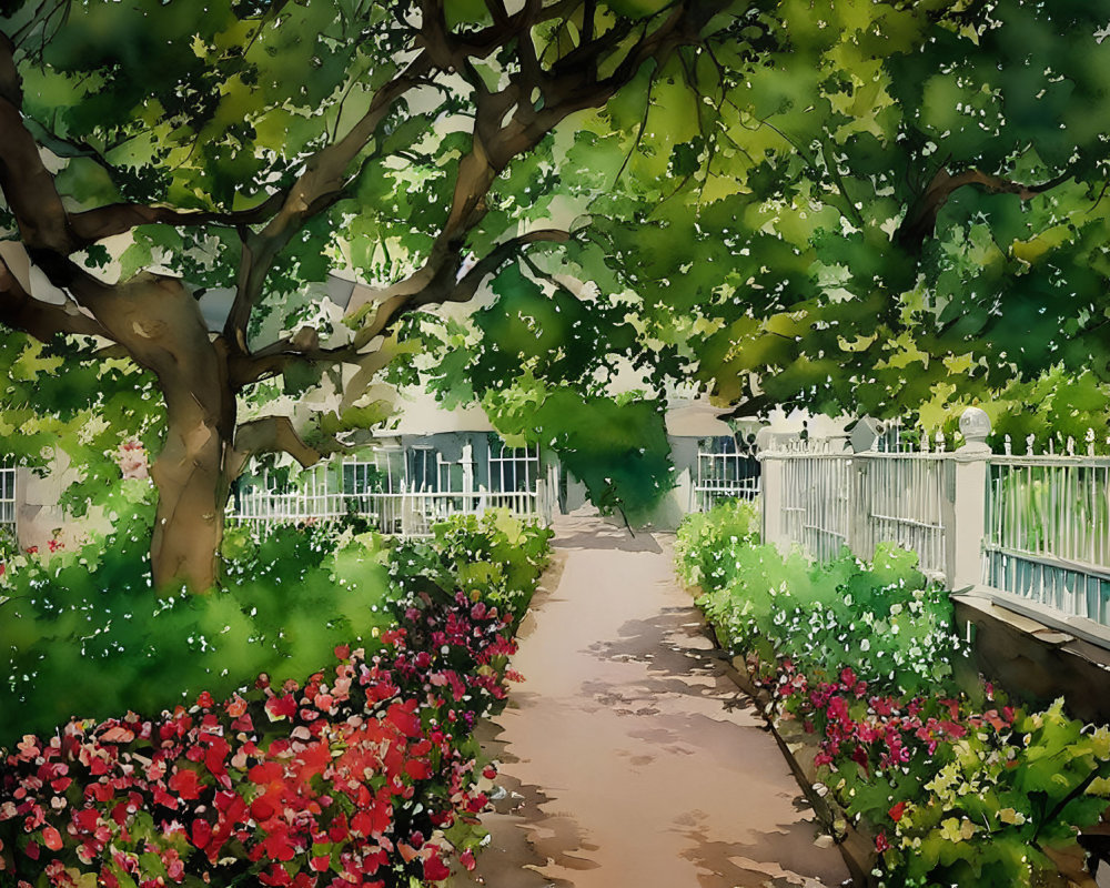 Tranquil watercolor painting of lush garden path with vibrant flowers and trees