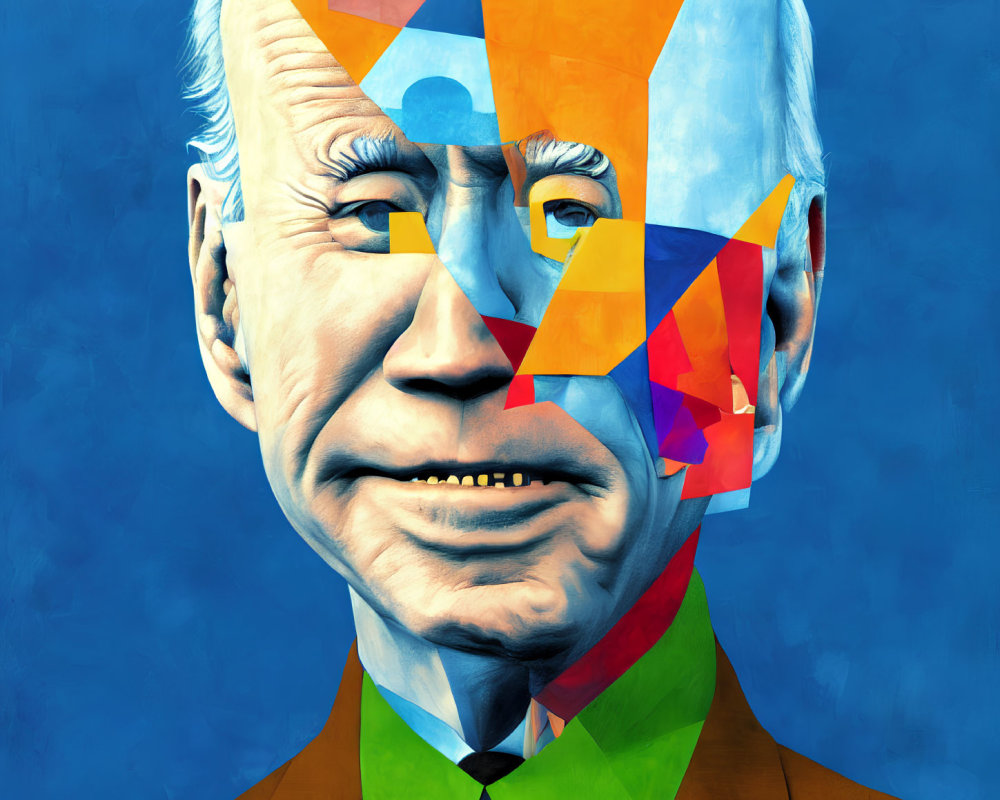 Colorful Geometric Shapes Overlay Smiling Man Portrait on Blue Background