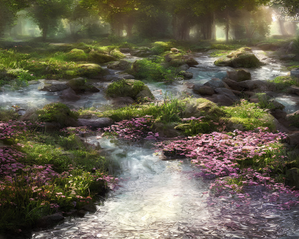 Tranquil forest stream with sunlight, moss-covered rocks, and pink flowers