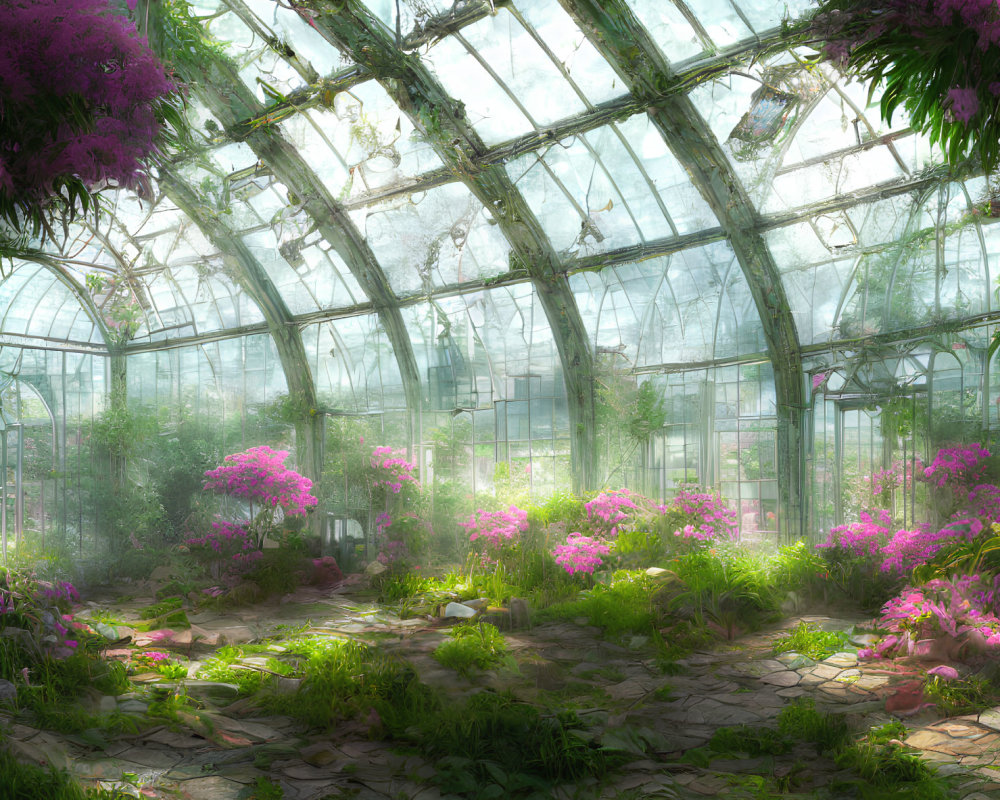 Lush Greenery and Pink Flowers in Overgrown Greenhouse