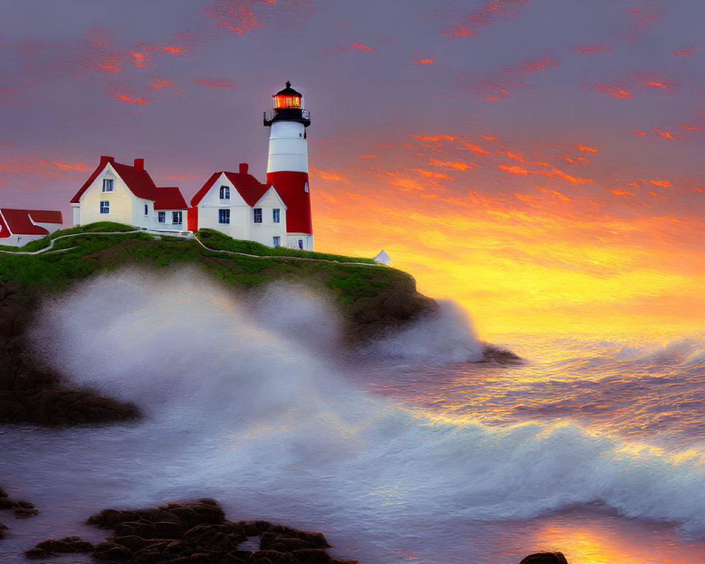 Scenic lighthouse on cliff at sunset with crashing waves