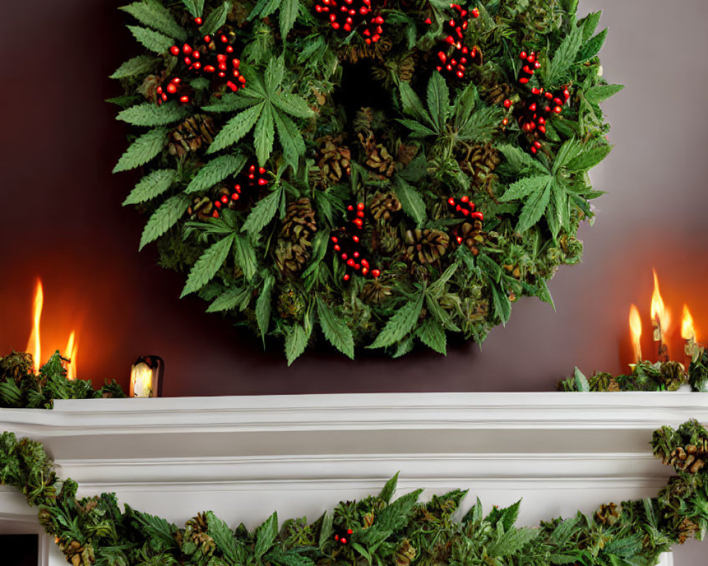 Cannabis Leaf Wreath with Red Berries Above Fireplace Mantel