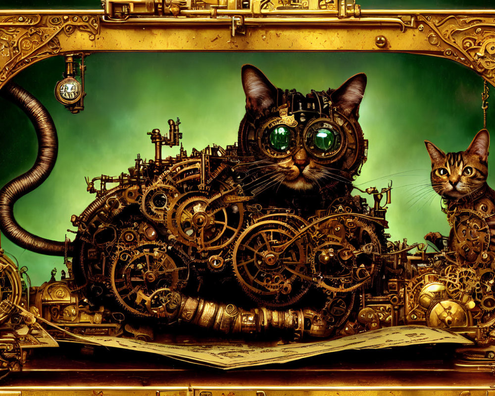 Steampunk-style illustration of two cats in mechanical bodies in vintage frame with gears and cogs.