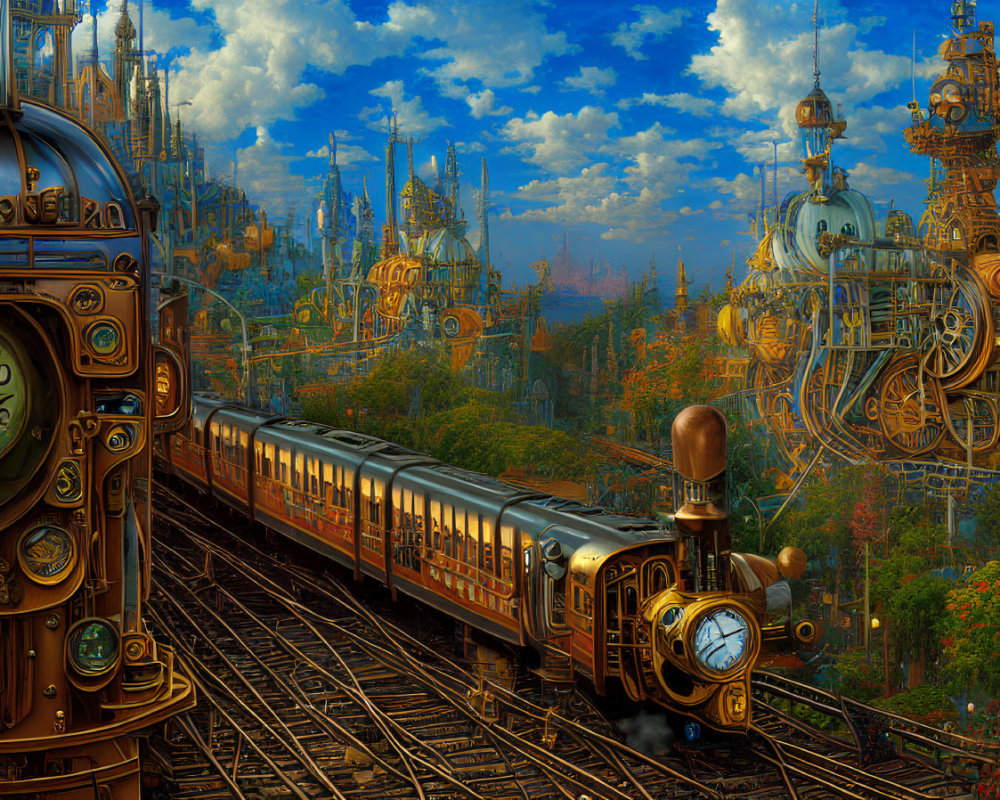 Detailed Steampunk Train Illustration with Fantastical Architecture