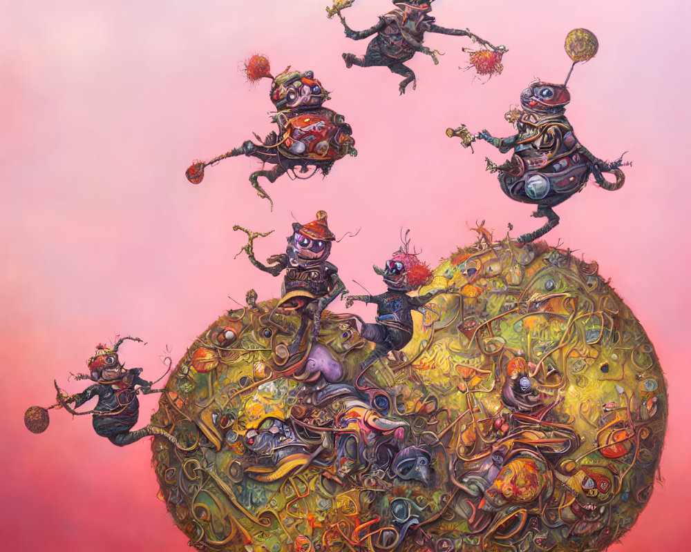 Whimsical surreal artwork: mechanical creatures on floating islands