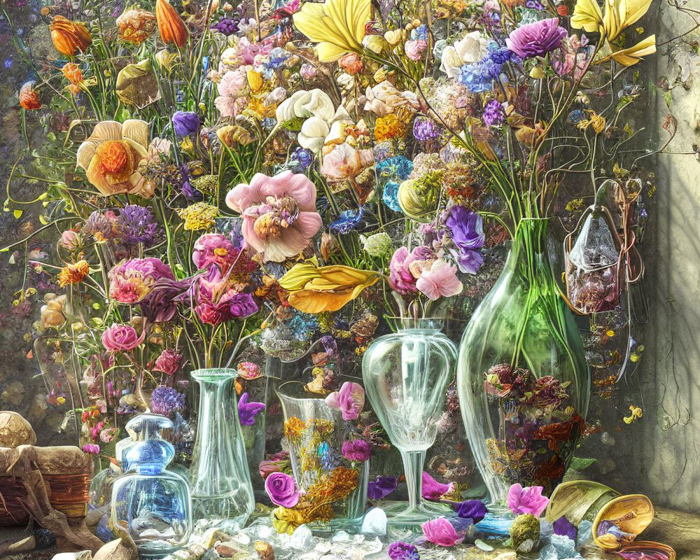 Colorful Flower Still Life with Glass Vases and Crystals on Rustic Background