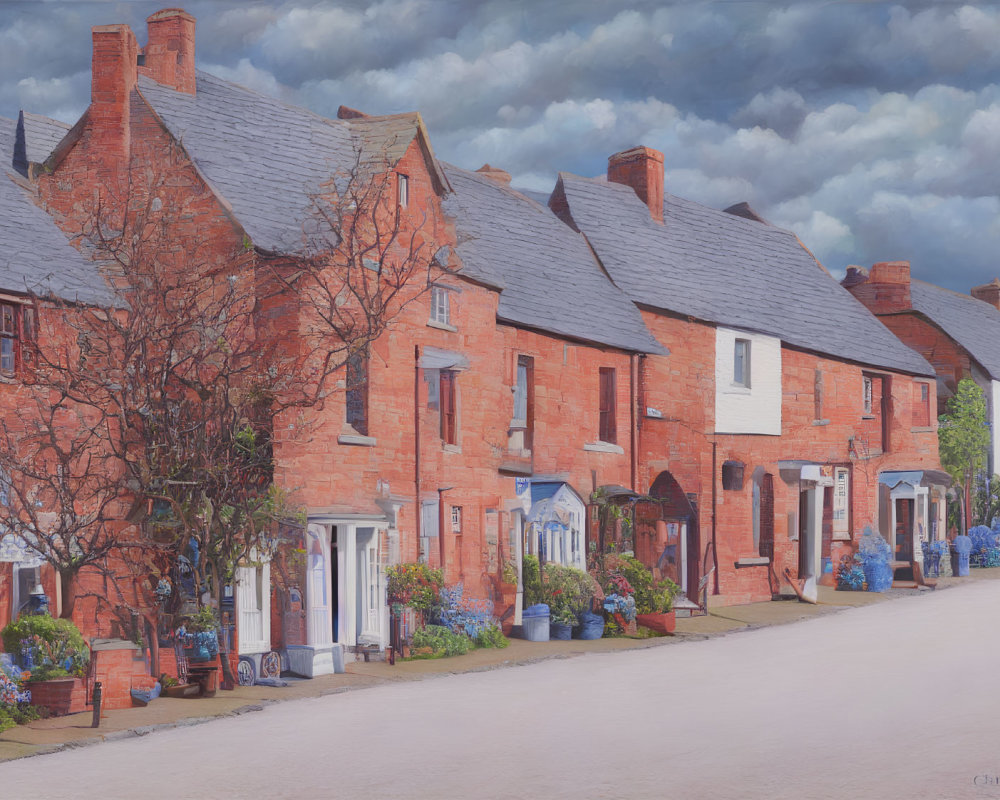 Traditional Red Brick Houses in Tranquil Village Street