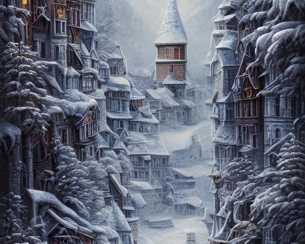 Snowy fantasy village with towering houses and clock tower under winter sky