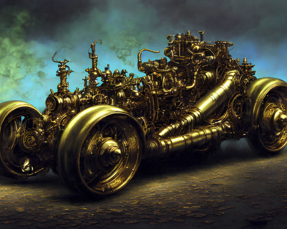 Steampunk-inspired vehicle with gears and pipes on cobblestone surface