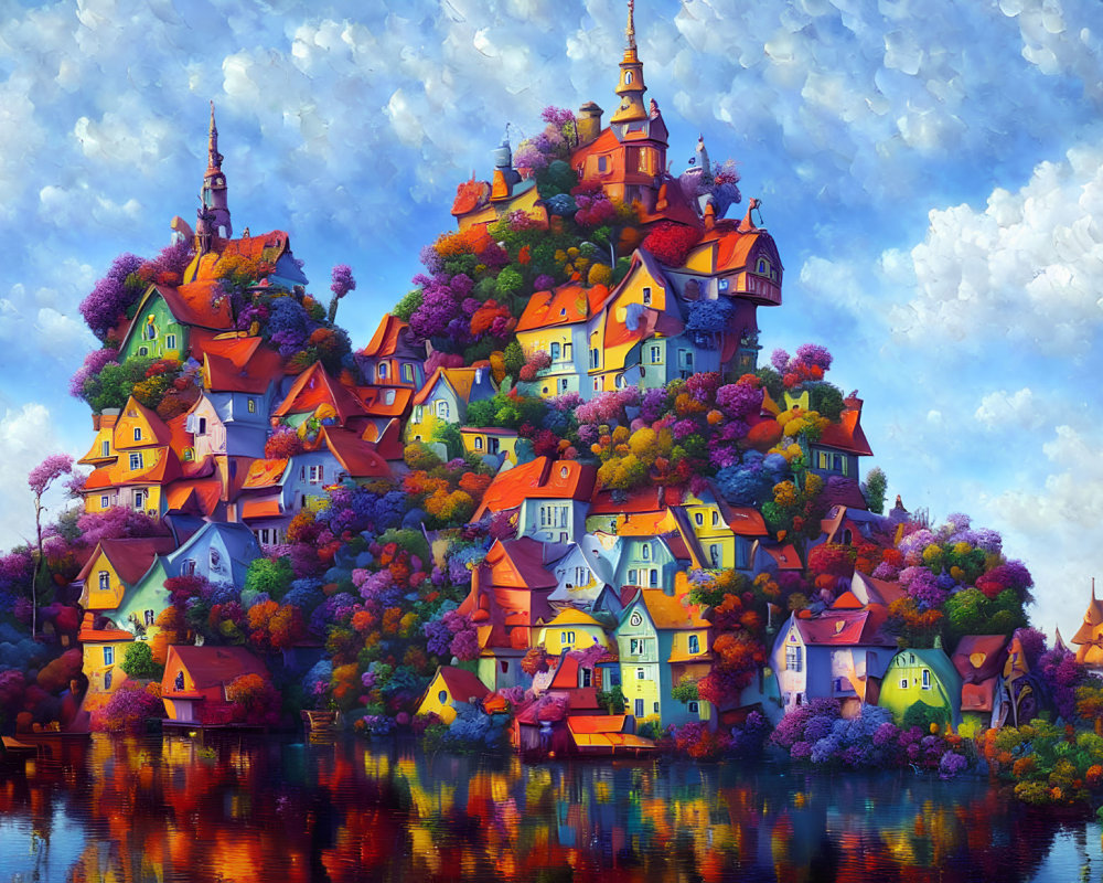 Colorful Artwork: Whimsical Hilltop Village with Clustered Houses and Lush Foli