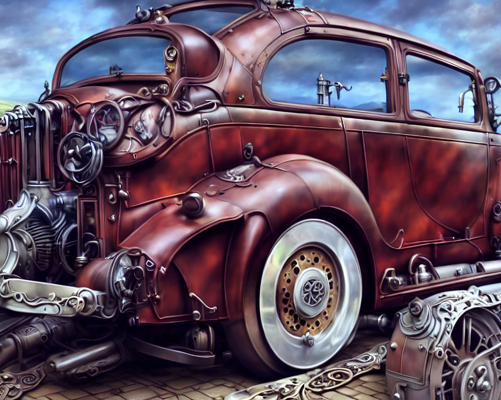 Red Vintage Car with Steampunk Aesthetic on Cloudy Background