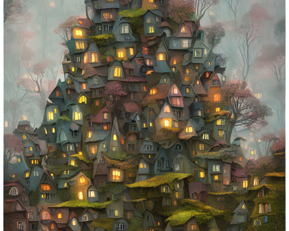 Illustration of Quirky Houses in Mystical Forest at Twilight