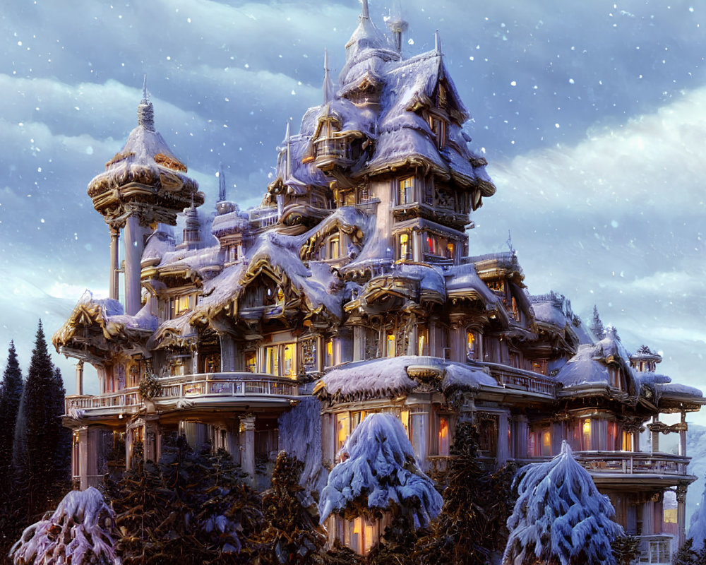 Fantasy castle in snow-covered pines at twilight