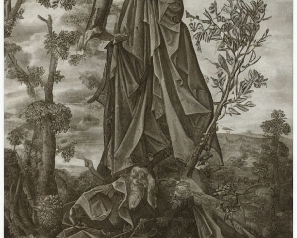 Monochrome Engraving: Bearded Man in Robes with Scroll in Forest Setting