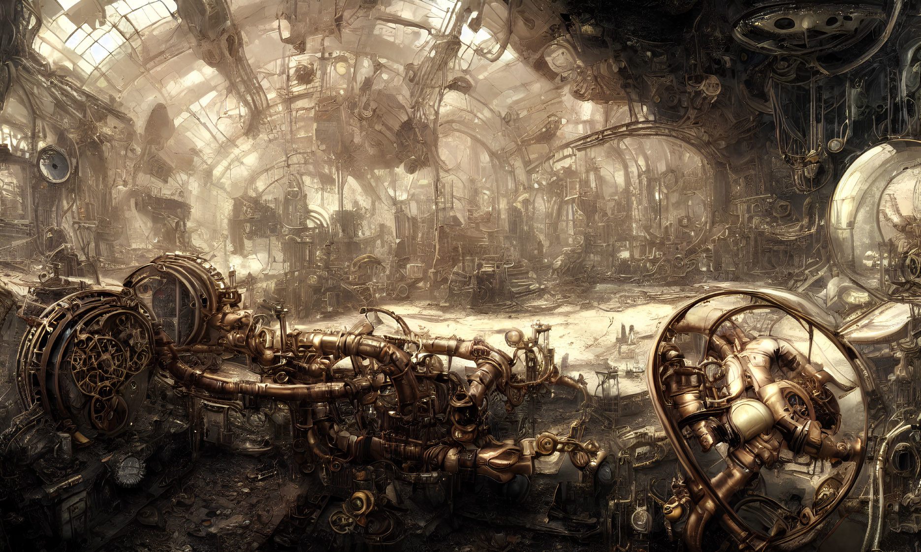 Steampunk machinery workshop with brass gears, pipes, and domed ceiling.