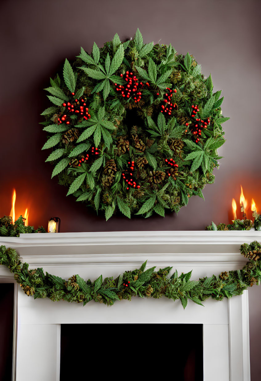 Cannabis Leaf Wreath with Red Berries Above Fireplace Mantel