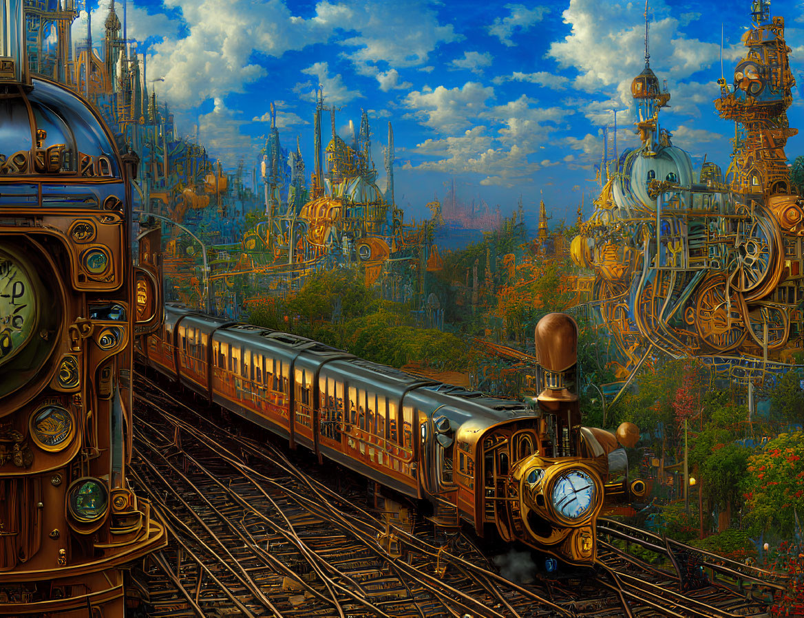 Detailed Steampunk Train Illustration with Fantastical Architecture