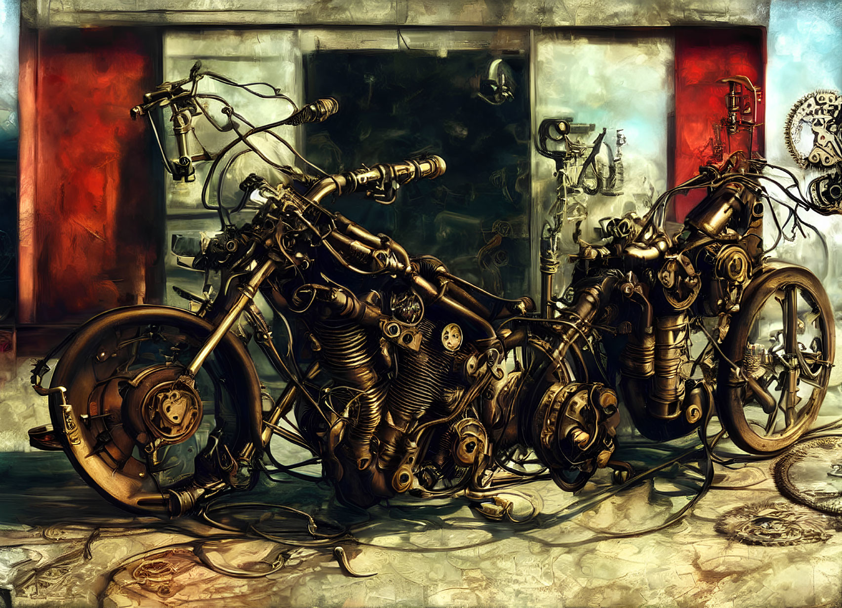 Detailed Steampunk-Style Motorcycle with Gears and Mechanical Parts Displayed in Front of Window