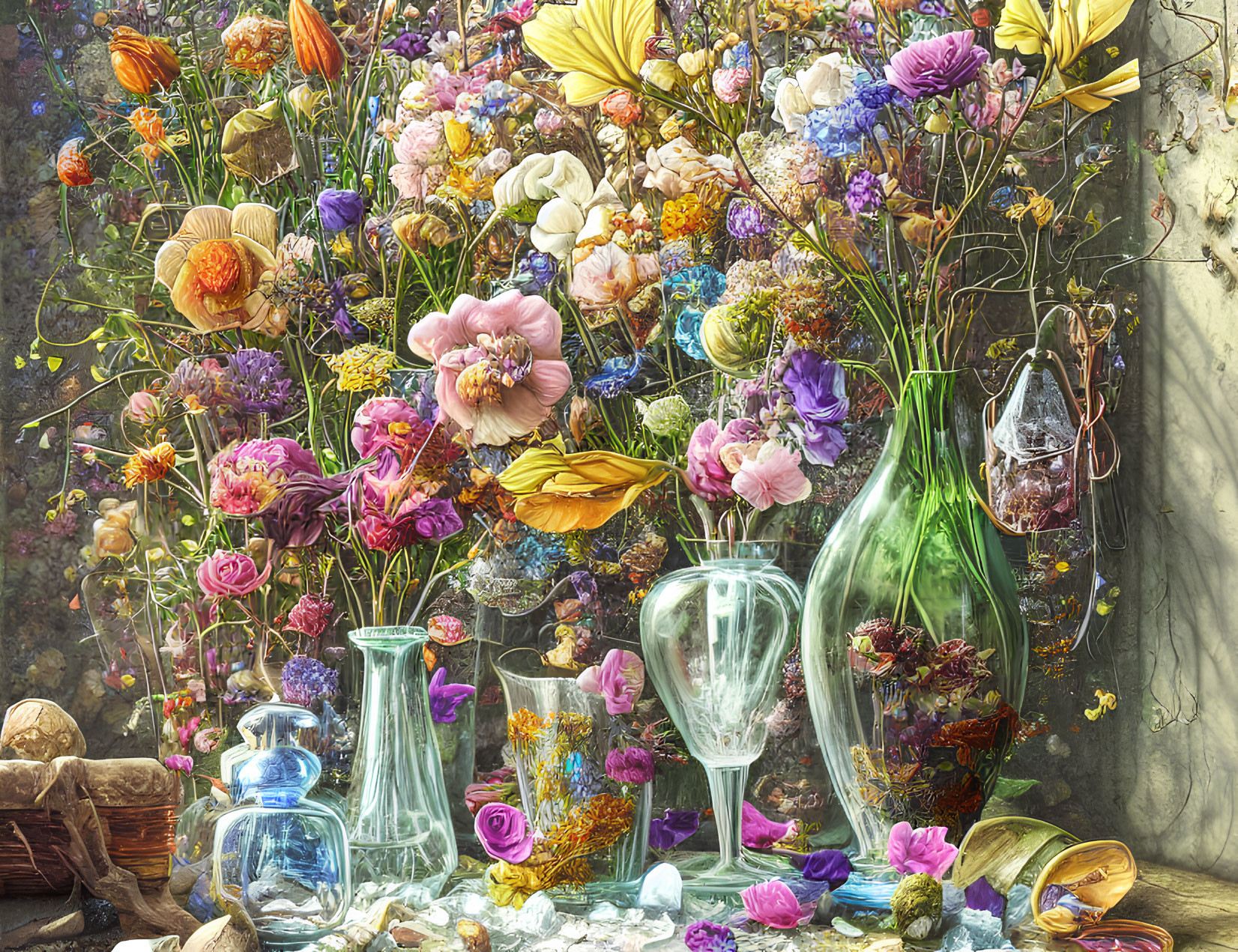 Colorful Flower Still Life with Glass Vases and Crystals on Rustic Background