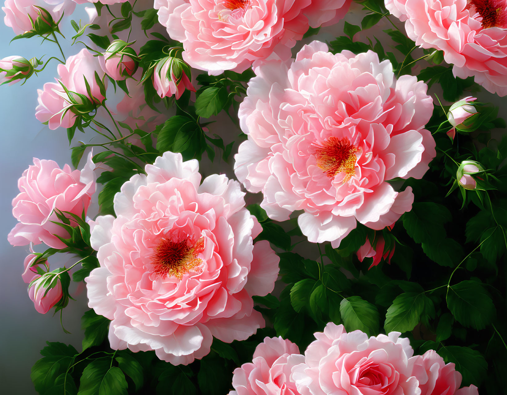 Pink peonies in full bloom against dark green leaves on grey background