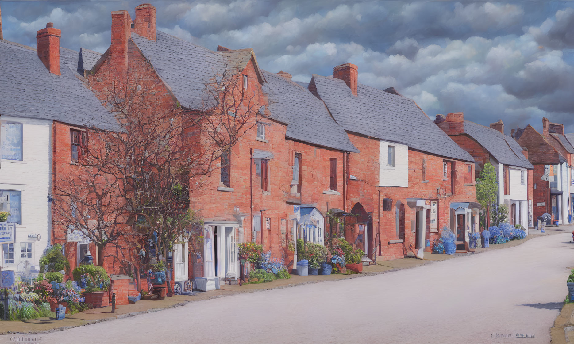 Traditional Red Brick Houses in Tranquil Village Street