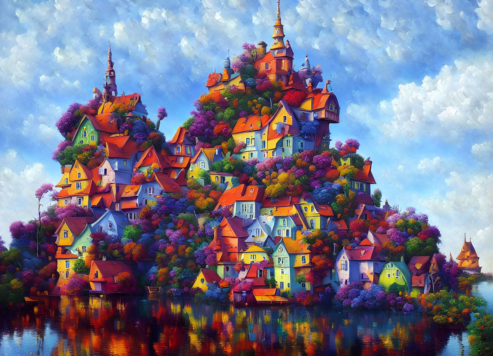 Colorful Artwork: Whimsical Hilltop Village with Clustered Houses and Lush Foli