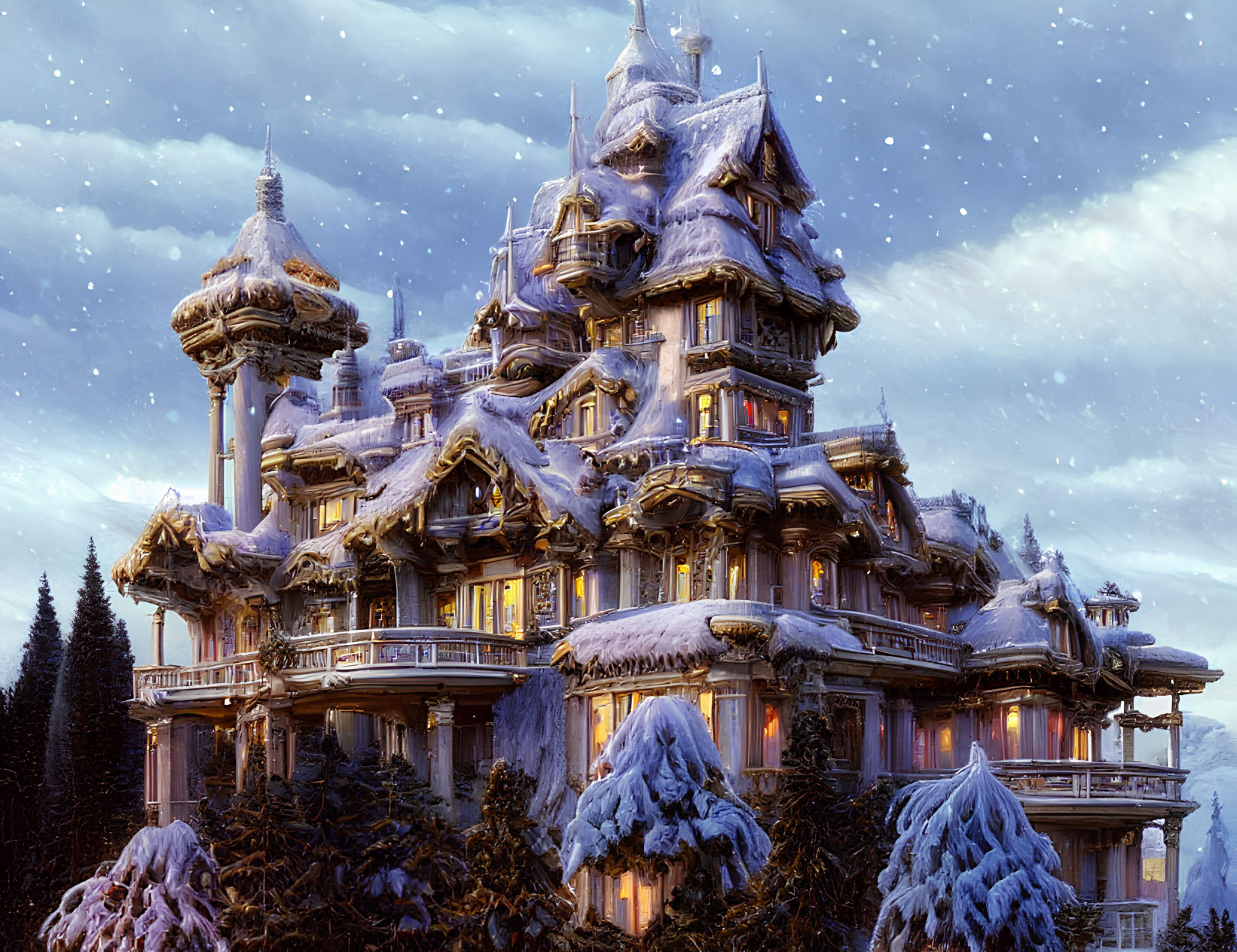 Fantasy castle in snow-covered pines at twilight