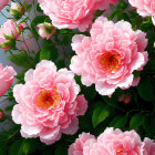 Pink peonies in full bloom against dark green leaves on grey background