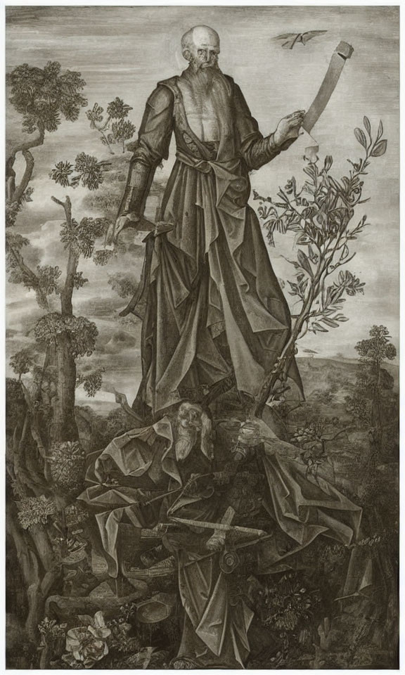 Monochrome Engraving: Bearded Man in Robes with Scroll in Forest Setting