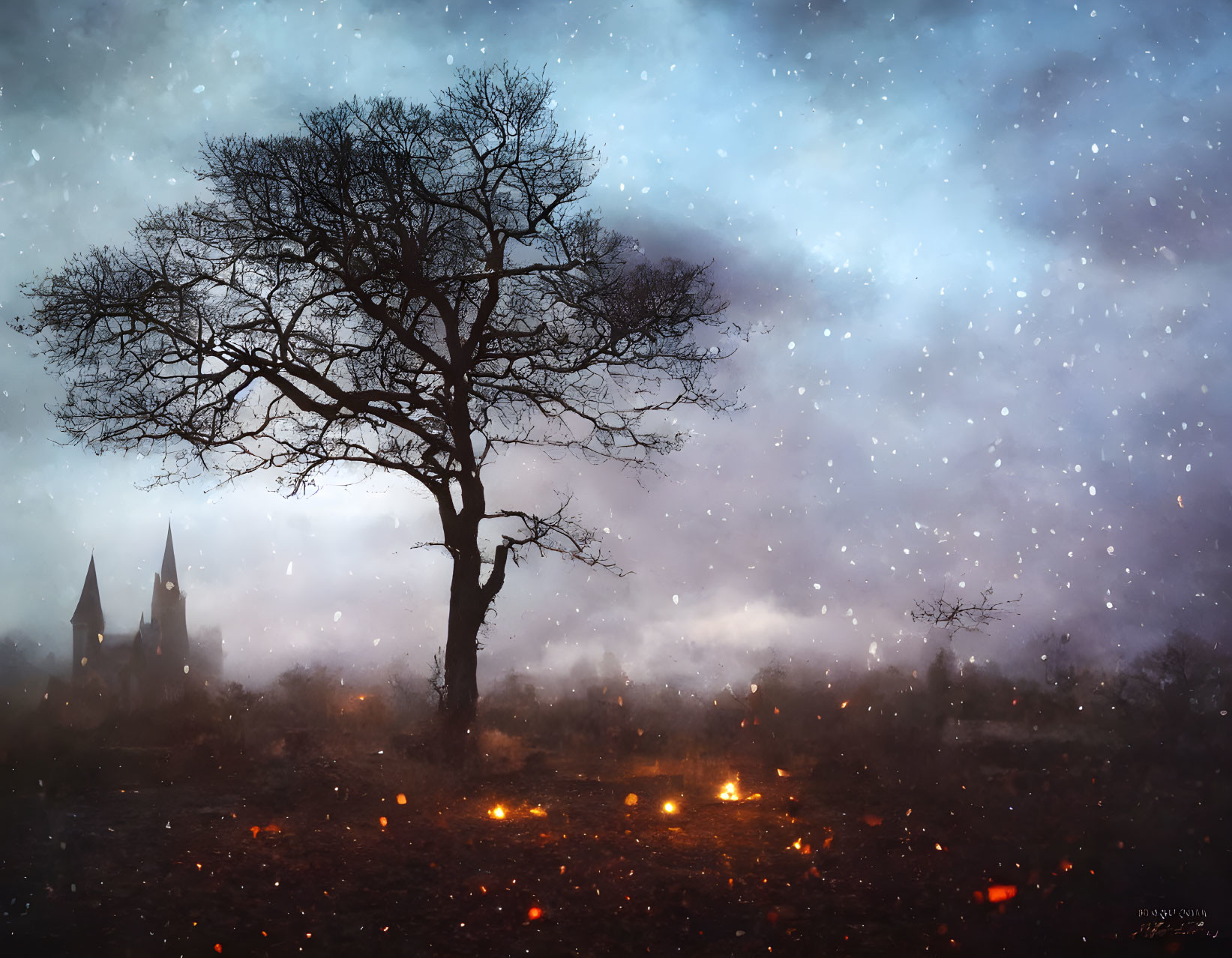 Bare tree at twilight with misty backdrop and church silhouette