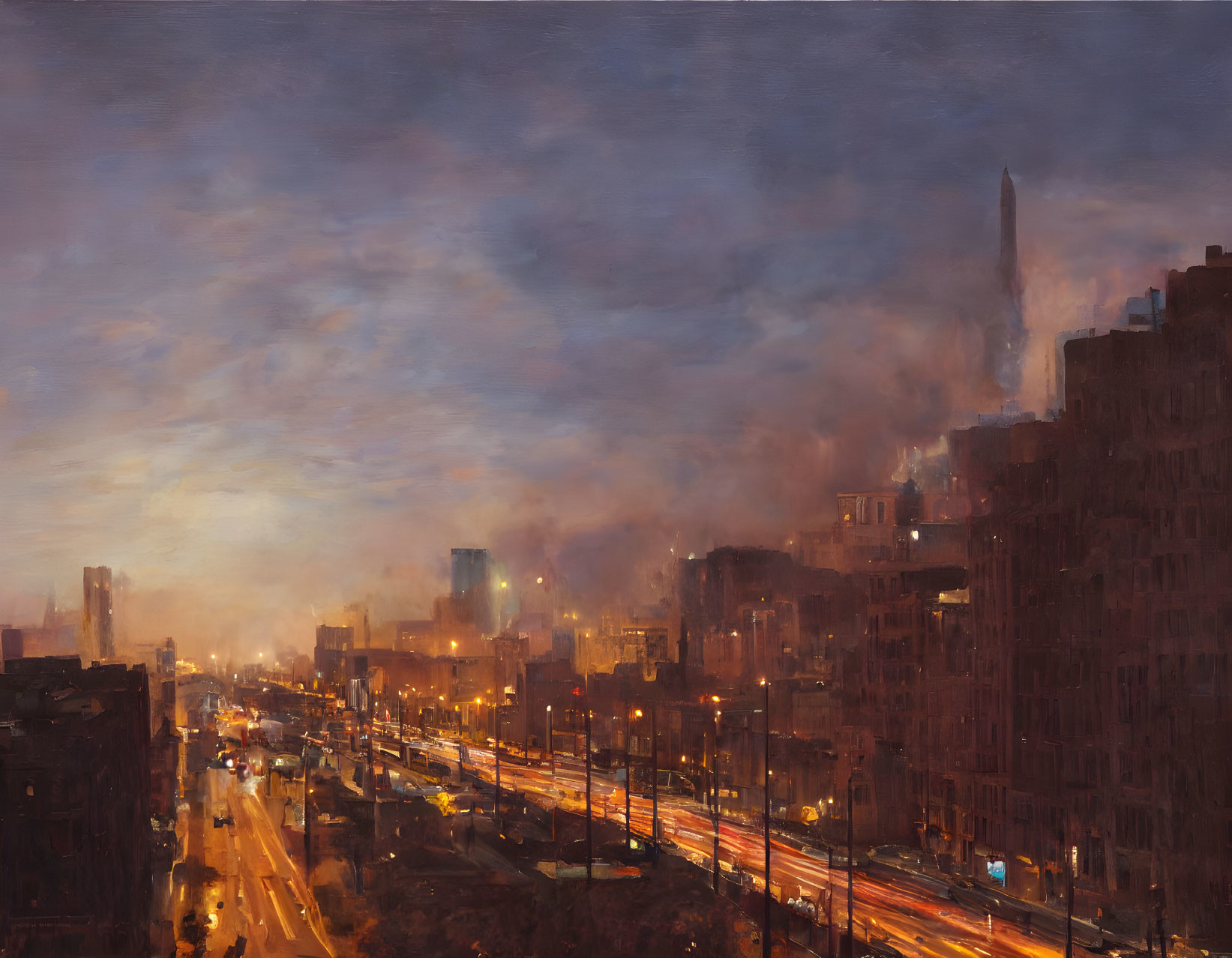 Cityscape painting: bustling city at dusk with warm lights and hazy skyline