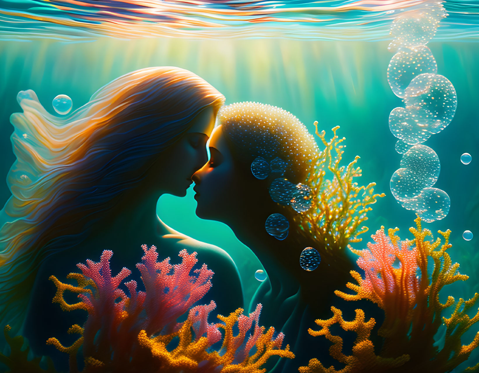 Stylized merpeople figures in intimate underwater scene surrounded by coral and bubbles