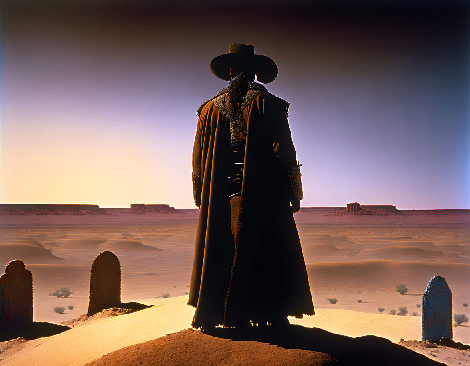 Solitary figure in cowboy hat and coat on sand dune overlooking desert with rock formations