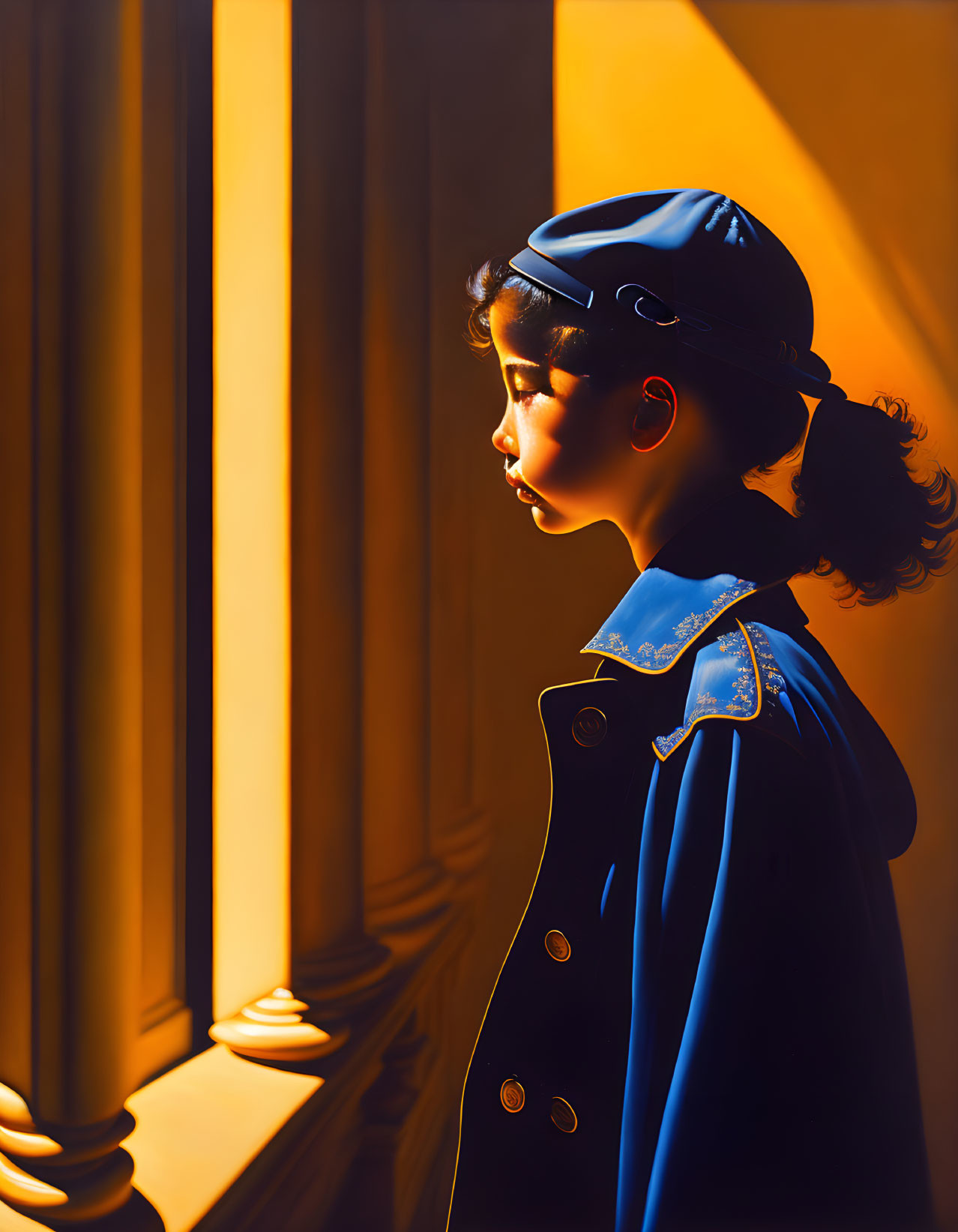 Young girl in blue vintage uniform by tall columns in warm golden light