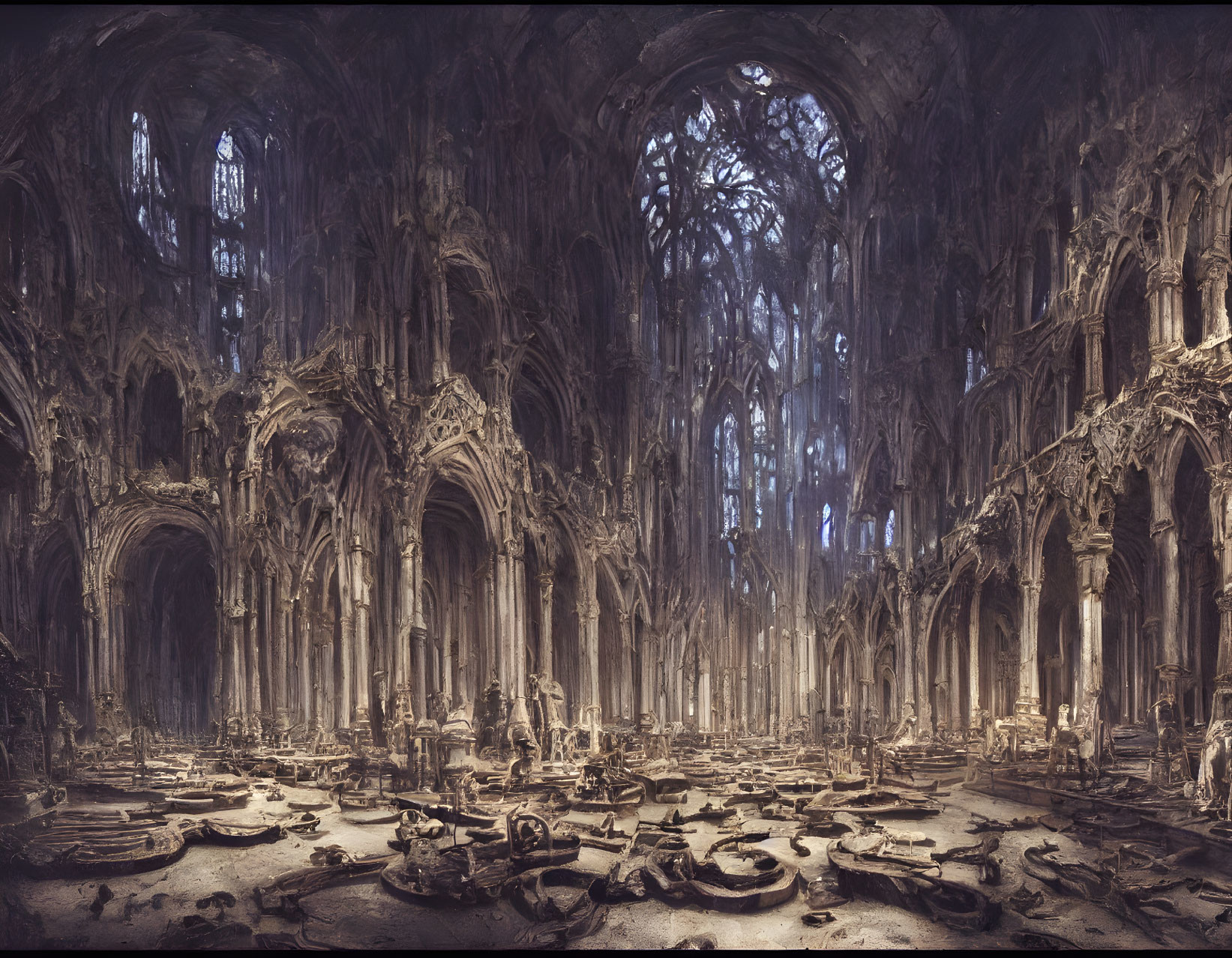 Detailed Gothic Cathedral Interior with Tree Root-like Structures and Scattered Bones